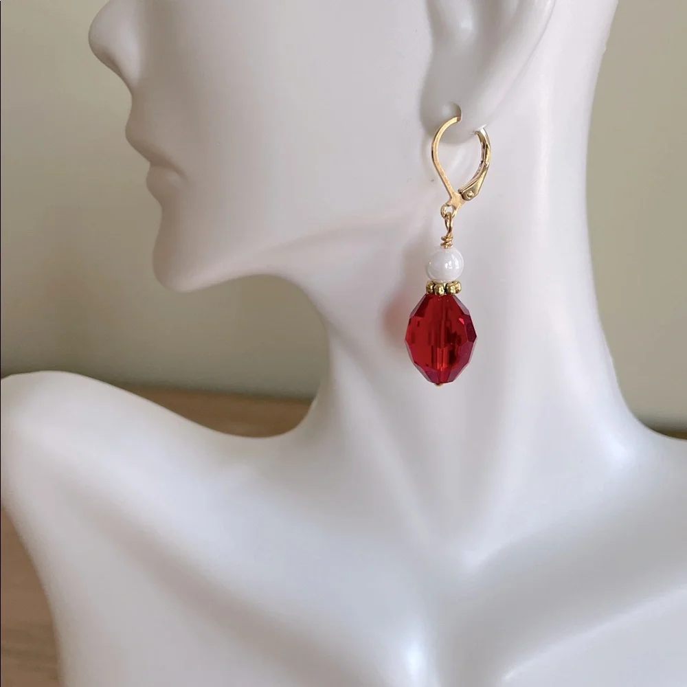HAND CRAFTED DROP EARRINGS Faceted Red Gold White Faux Pearls Holiday Christmas